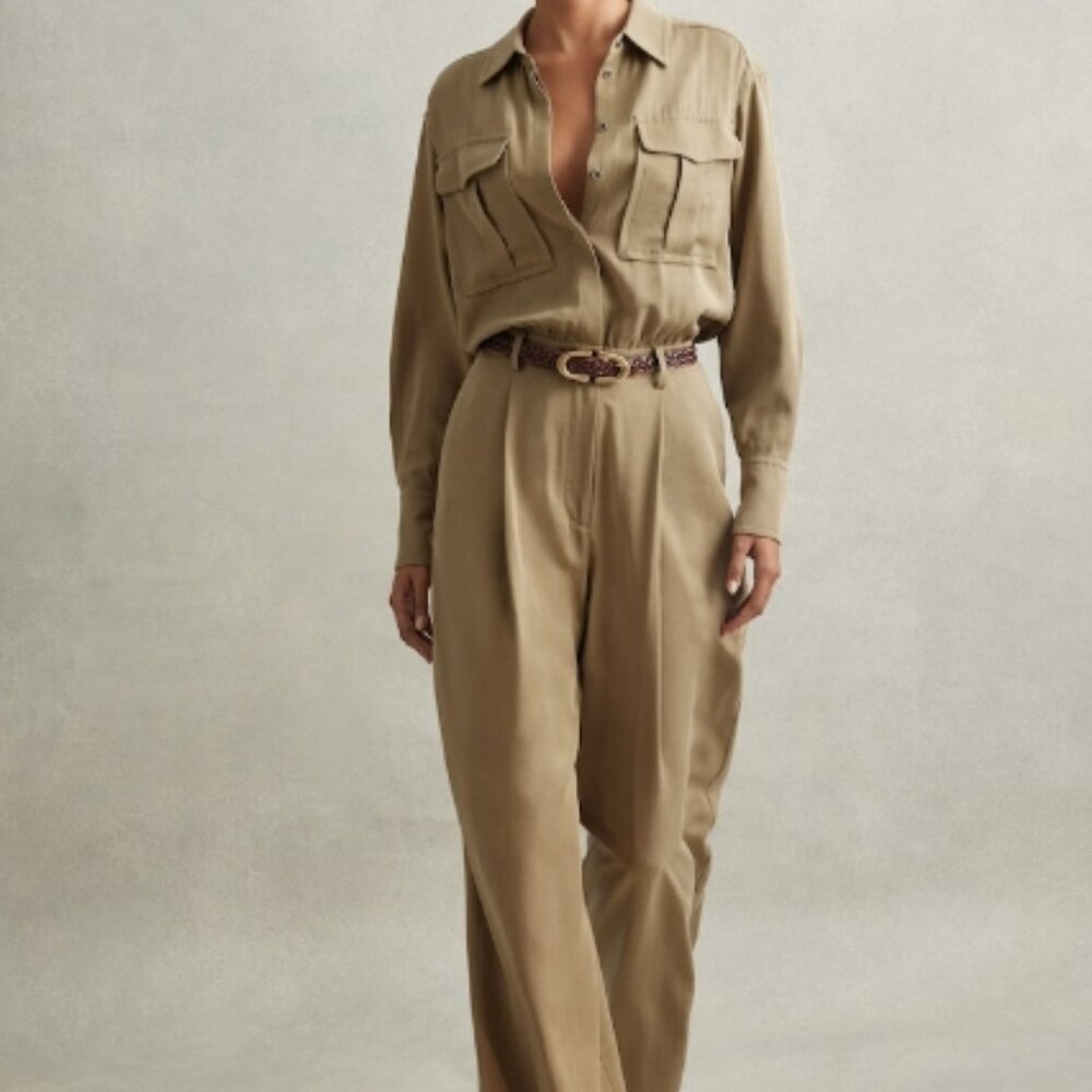 REISS Liliana Lyocell Wide Leg Jumpsuit in Khaki US 2 NWT - Picture 4 of 6